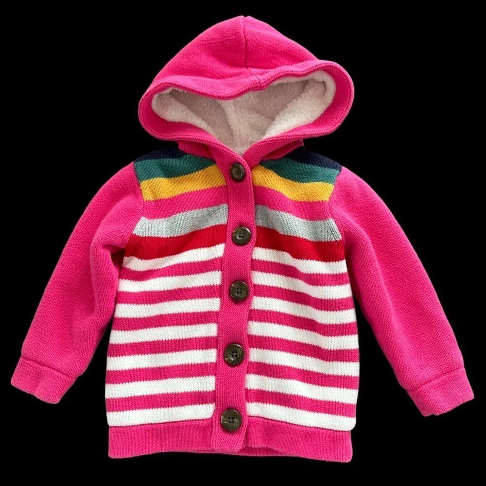 Hanna Andersson girls‎ 2T Pink Striped Hooded Sweater Cardigan Jacket Faux Fur